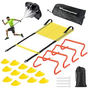RENRANRING Agility Ladder Speed Training Equipment Set - Includes 20ft Agility Ladder, Resistance Parachute, 4 Agility Hurdles, 12 Disc Cones for Training Football Soccer Basketball Athletes
