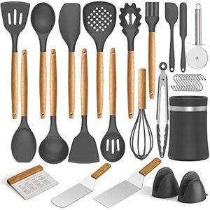 Silicone Cooking Utensils Kitchen Utensil Set with Holder, Umite Chef 31PCS 446°F Heat Resistant Kitchen Spatula set, Wooden Handles Kitchen Gadgets Tools Set for Nonstick Cookware (BPA Free, Grey)